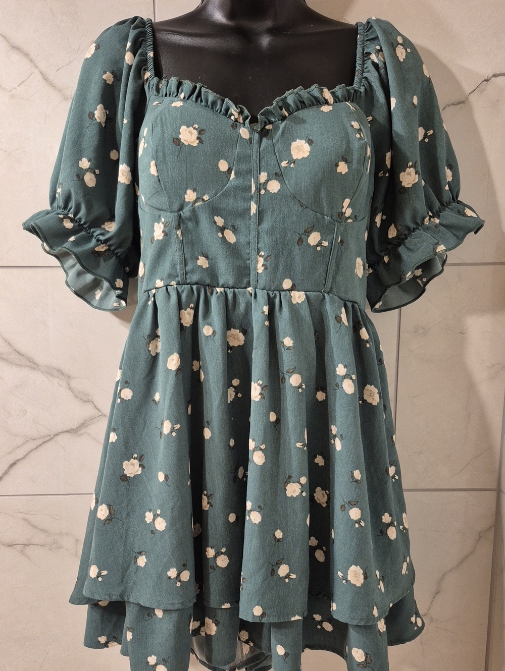 Pretty Green And Cream Dainty Flower Dress-Romper